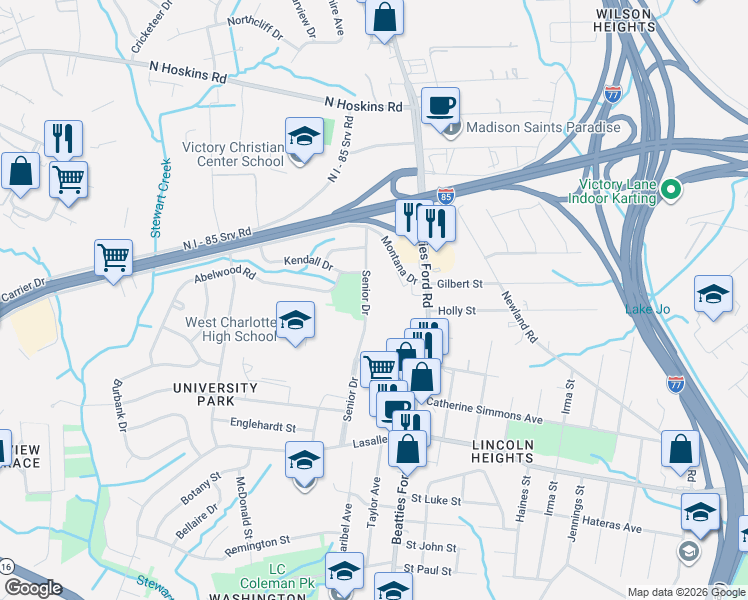 map of restaurants, bars, coffee shops, grocery stores, and more near 2424 Senior Drive in Charlotte