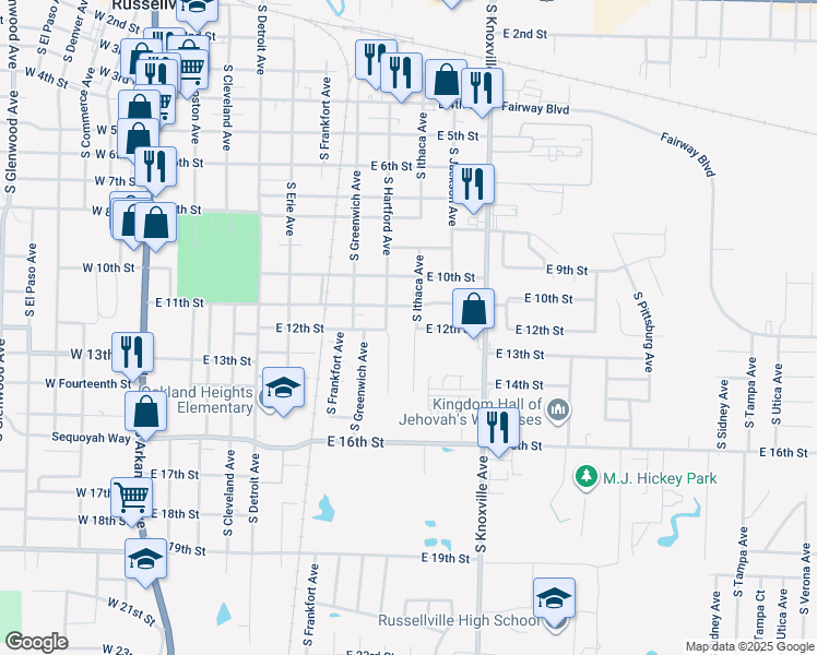 map of restaurants, bars, coffee shops, grocery stores, and more near 1101 South Hartford Avenue in Russellville