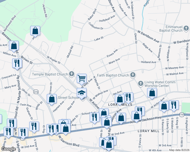 map of restaurants, bars, coffee shops, grocery stores, and more near 609 North Myrtle Street in Gastonia
