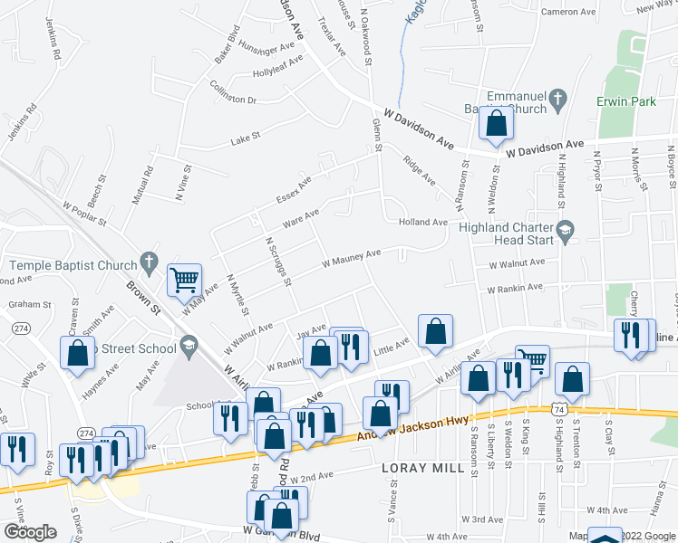 map of restaurants, bars, coffee shops, grocery stores, and more near 507 North Firestone Street in Gastonia