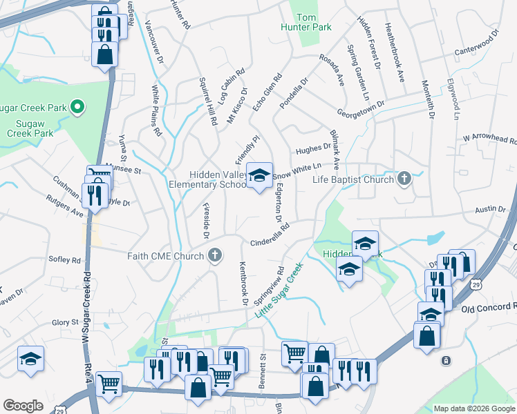 map of restaurants, bars, coffee shops, grocery stores, and more near 5100 Snow White Lane in Charlotte