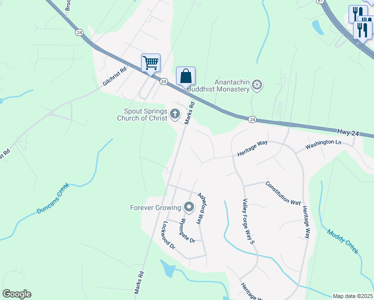 map of restaurants, bars, coffee shops, grocery stores, and more near 91 Williamsburg Way in Cameron