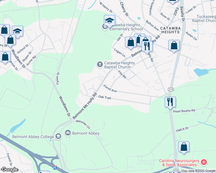 map of restaurants, bars, coffee shops, grocery stores, and more near 103 Ferstl Avenue in Belmont