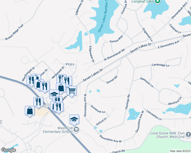 map of restaurants, bars, coffee shops, grocery stores, and more near 156 Devonshire Avenue West in Seven Lakes