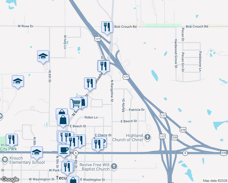 map of restaurants, bars, coffee shops, grocery stores, and more near 1015 Range Line Road in Tecumseh