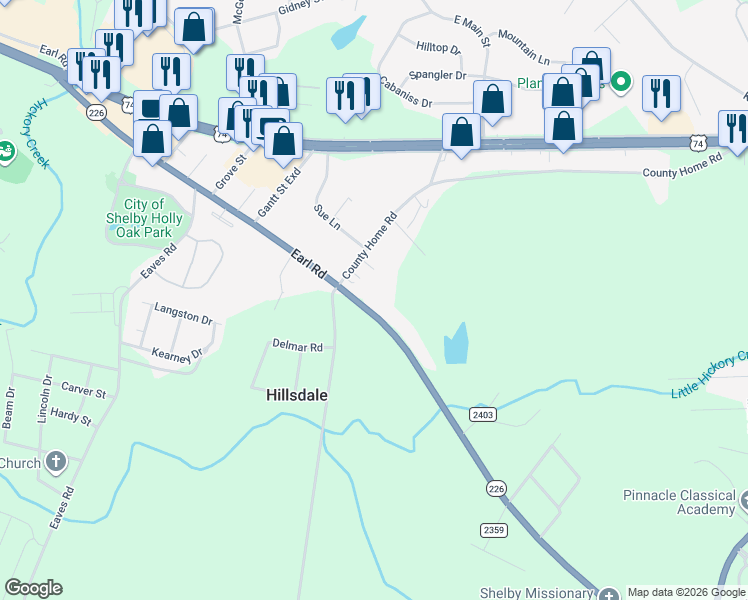 map of restaurants, bars, coffee shops, grocery stores, and more near 1117 Earl Road in Shelby