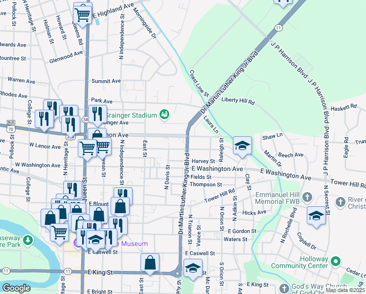 map of restaurants, bars, coffee shops, grocery stores, and more near 700 Doctor Martin Luther King Junior Boulevard in Kinston