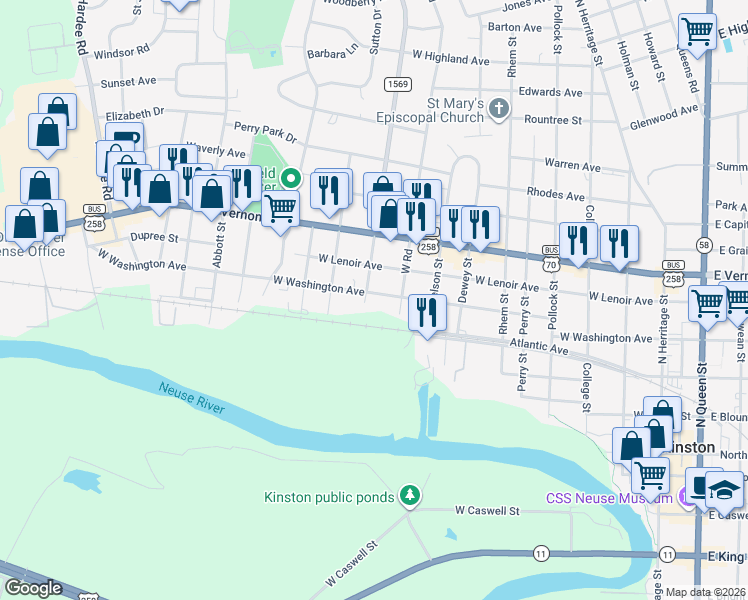 map of restaurants, bars, coffee shops, grocery stores, and more near 1010 West Washington Avenue in Kinston