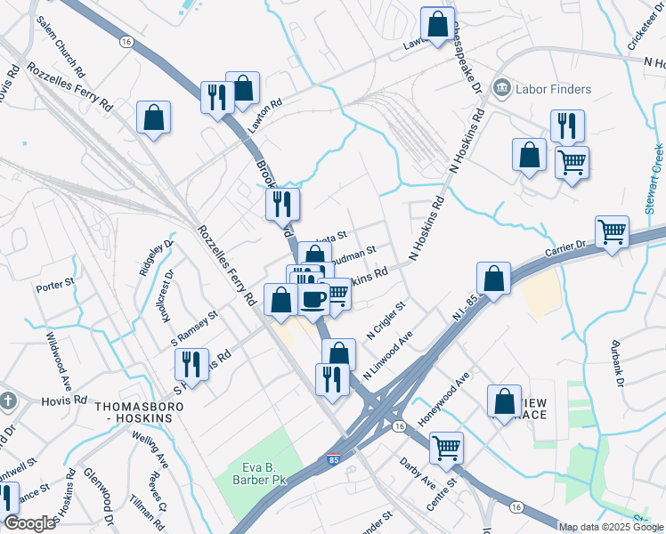 map of restaurants, bars, coffee shops, grocery stores, and more near in Charlotte