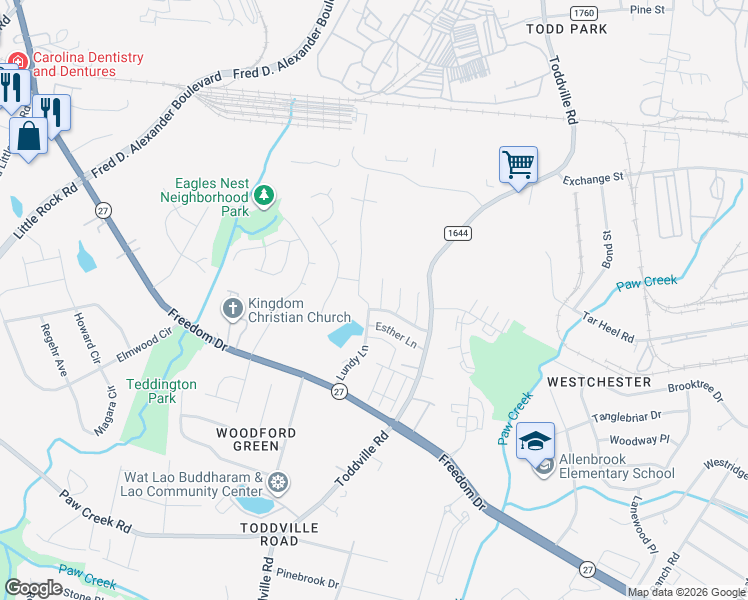 map of restaurants, bars, coffee shops, grocery stores, and more near 1132 Hannah Rae Court in Charlotte
