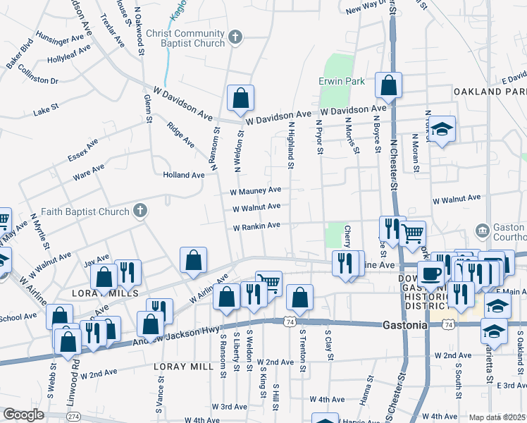 map of restaurants, bars, coffee shops, grocery stores, and more near 813 West Walnut Avenue in Gastonia