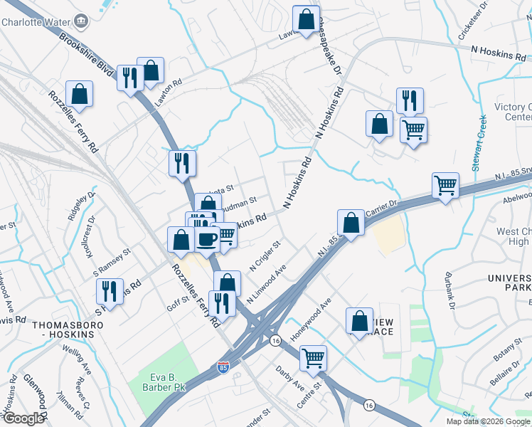 map of restaurants, bars, coffee shops, grocery stores, and more near 329 North Hoskins Road in Charlotte