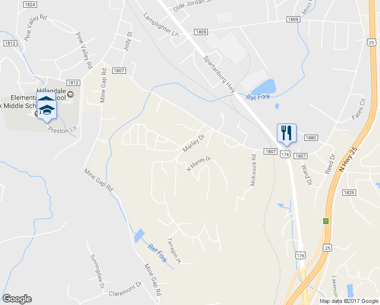 map of restaurants, bars, coffee shops, grocery stores, and more near 35 Marley Drive in Flat Rock