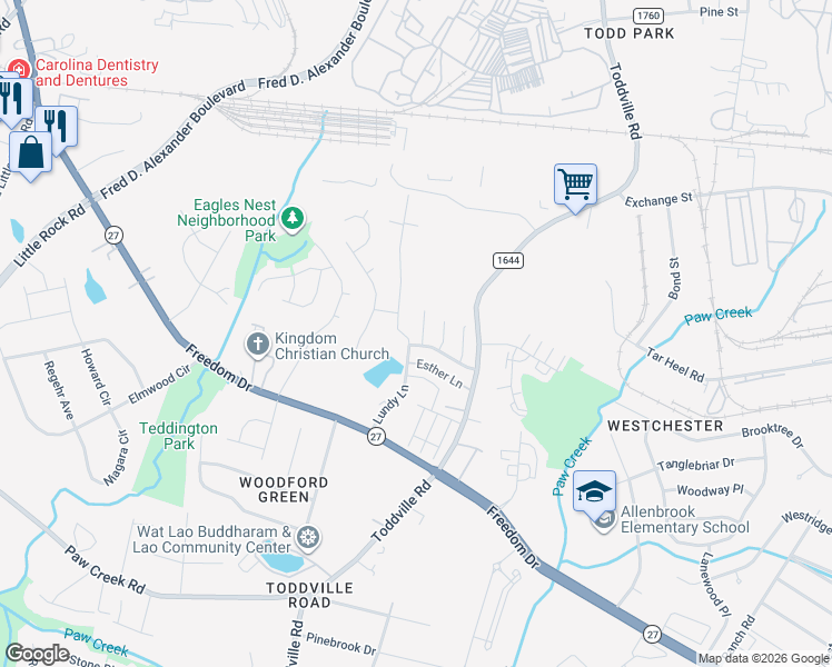 map of restaurants, bars, coffee shops, grocery stores, and more near 1132 Hannah Rae Court in Charlotte