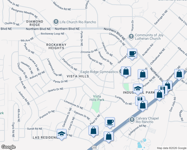 map of restaurants, bars, coffee shops, grocery stores, and more near 4720 Aquamarine Drive Northeast in Rio Rancho