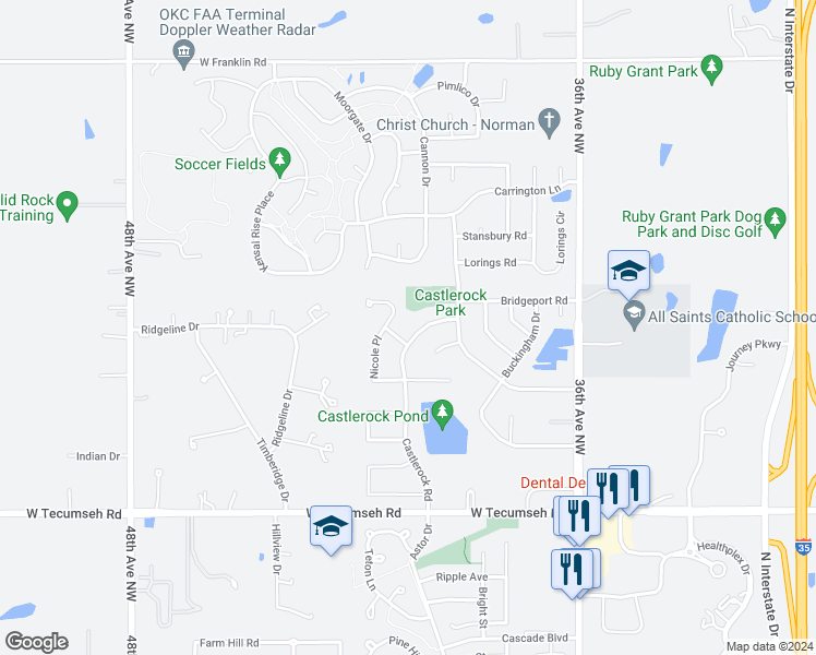 map of restaurants, bars, coffee shops, grocery stores, and more near 4104 Castlerock Road in Norman