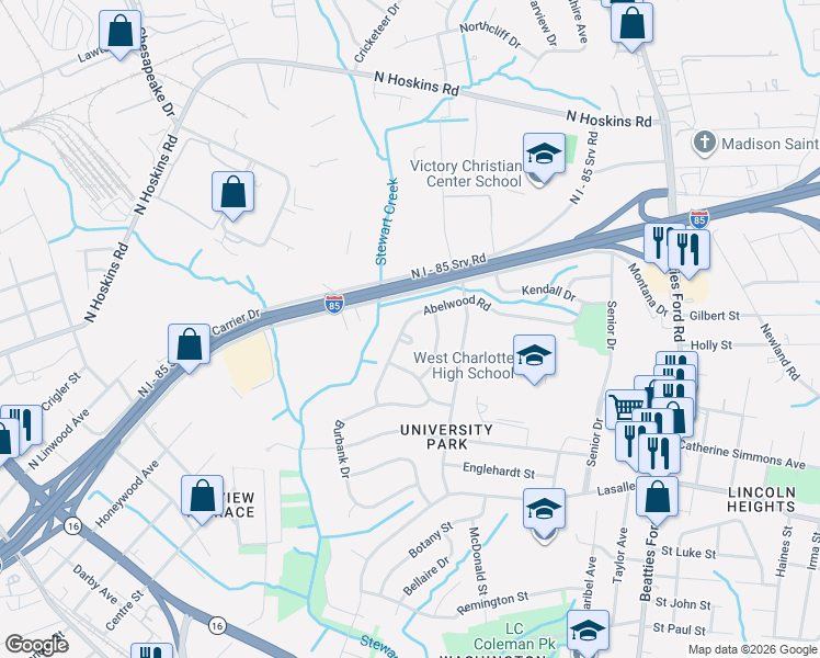 map of restaurants, bars, coffee shops, grocery stores, and more near 2301 Abelwood Road in Charlotte