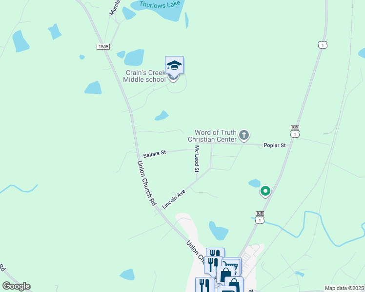 map of restaurants, bars, coffee shops, grocery stores, and more near 160 Sellars Street in Vass