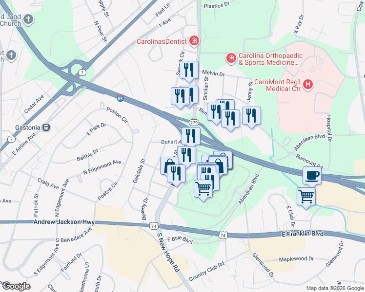 map of restaurants, bars, coffee shops, grocery stores, and more near 526 Carl Street in Gastonia