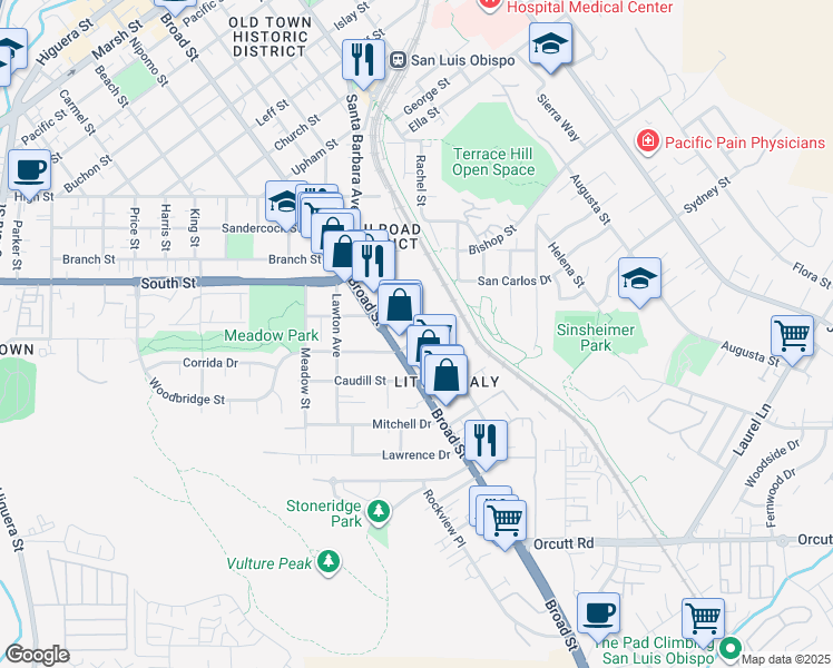 map of restaurants, bars, coffee shops, grocery stores, and more near 762 Woodbridge Street in San Luis Obispo