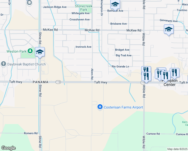 map of restaurants, bars, coffee shops, grocery stores, and more near 4030 Smoky Rock Court in Bakersfield