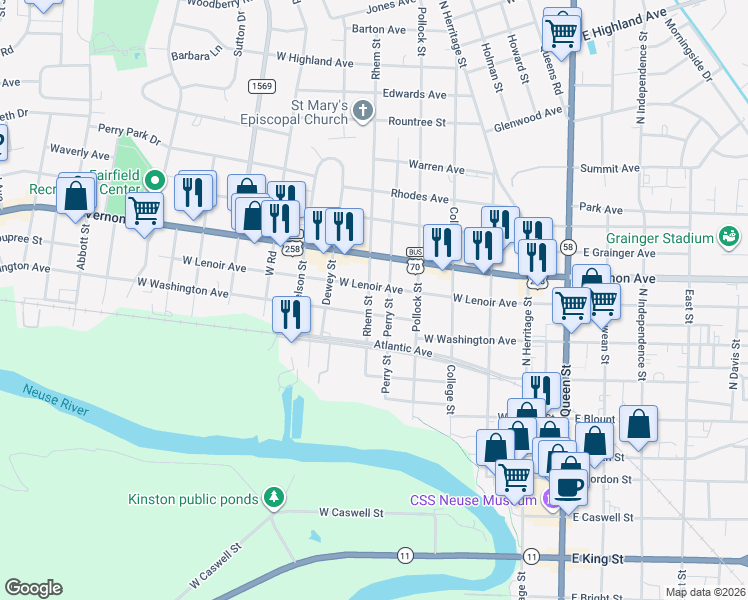 map of restaurants, bars, coffee shops, grocery stores, and more near 602A West Lenoir Avenue in Kinston