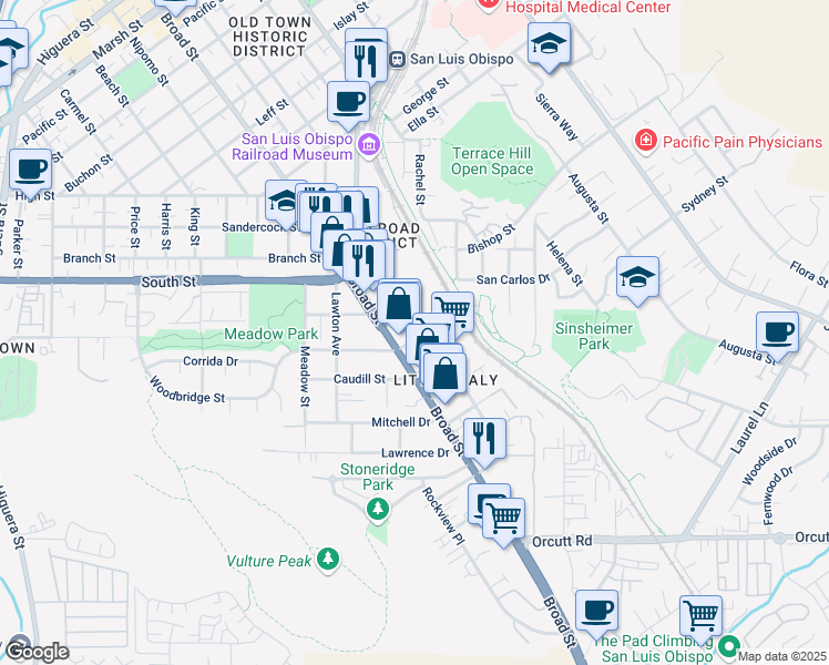 map of restaurants, bars, coffee shops, grocery stores, and more near 762 Woodbridge Street in San Luis Obispo