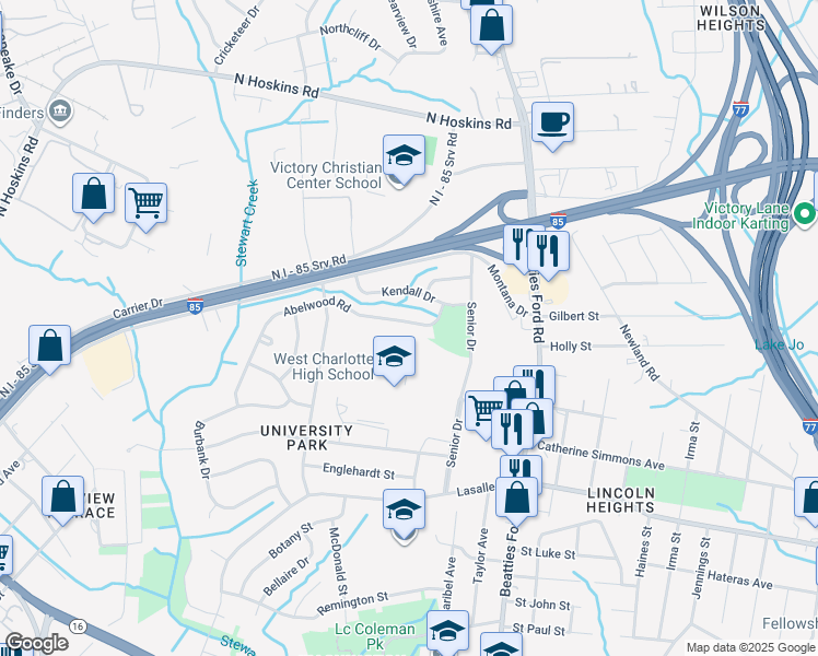 map of restaurants, bars, coffee shops, grocery stores, and more near 2632 Abelwood Road in Charlotte