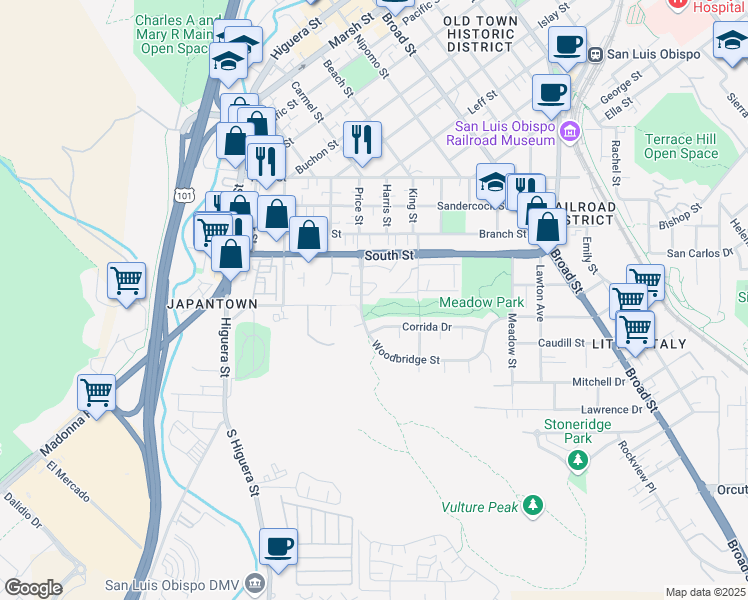 map of restaurants, bars, coffee shops, grocery stores, and more near 2230 Exposition Drive in San Luis Obispo