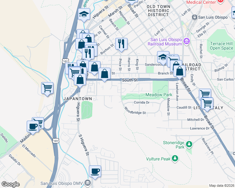map of restaurants, bars, coffee shops, grocery stores, and more near 2230 Exposition Drive in San Luis Obispo