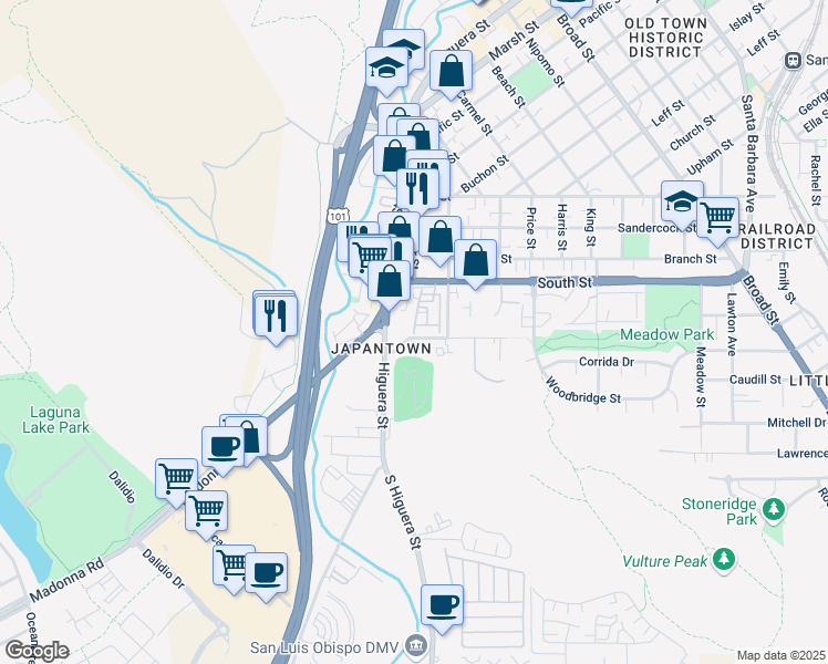 map of restaurants, bars, coffee shops, grocery stores, and more near 155 Bridge Street in San Luis Obispo
