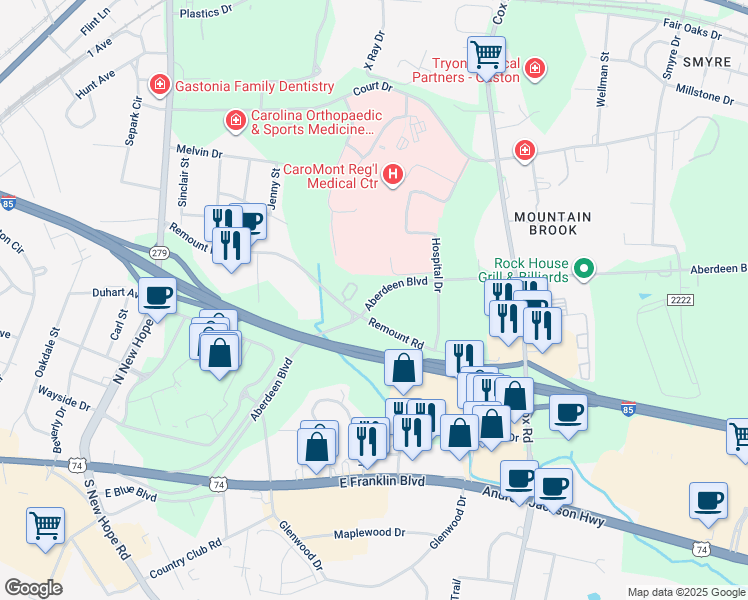 map of restaurants, bars, coffee shops, grocery stores, and more near 2020 Remount Road in Gastonia