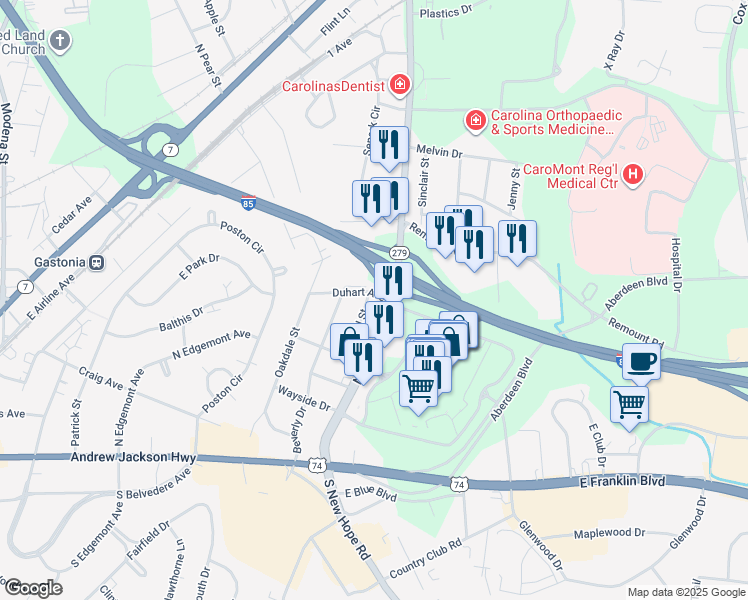 map of restaurants, bars, coffee shops, grocery stores, and more near 365 North New Hope Road in Gastonia