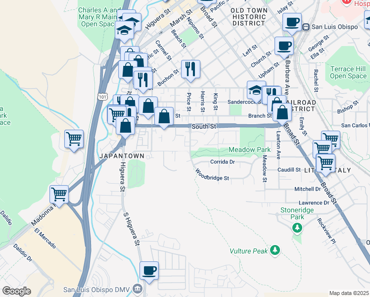 map of restaurants, bars, coffee shops, grocery stores, and more near 2230 Exposition Drive in San Luis Obispo