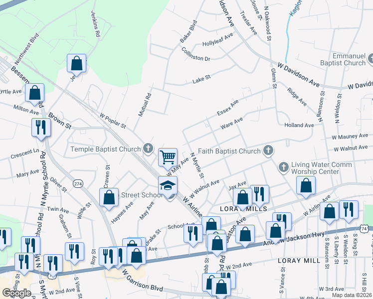 map of restaurants, bars, coffee shops, grocery stores, and more near 609 North Myrtle Street in Gastonia