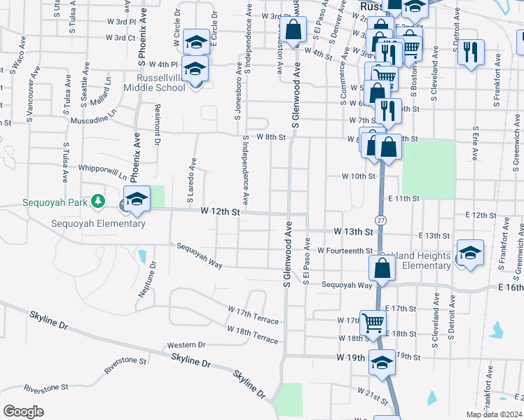 map of restaurants, bars, coffee shops, grocery stores, and more near 1112 South Houston Avenue in Russellville