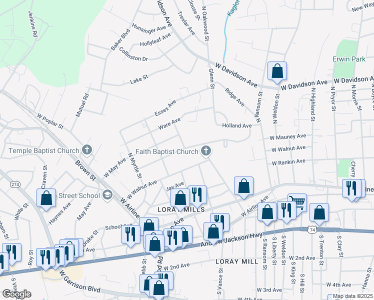 map of restaurants, bars, coffee shops, grocery stores, and more near 1137 West Mauney Avenue in Gastonia