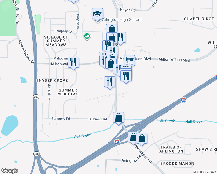 map of restaurants, bars, coffee shops, grocery stores, and more near 5165 Airline Road in Arlington