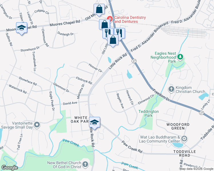 map of restaurants, bars, coffee shops, grocery stores, and more near 6447 Elmwood Circle in Charlotte