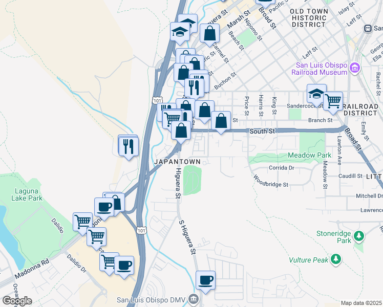 map of restaurants, bars, coffee shops, grocery stores, and more near in San Luis Obispo