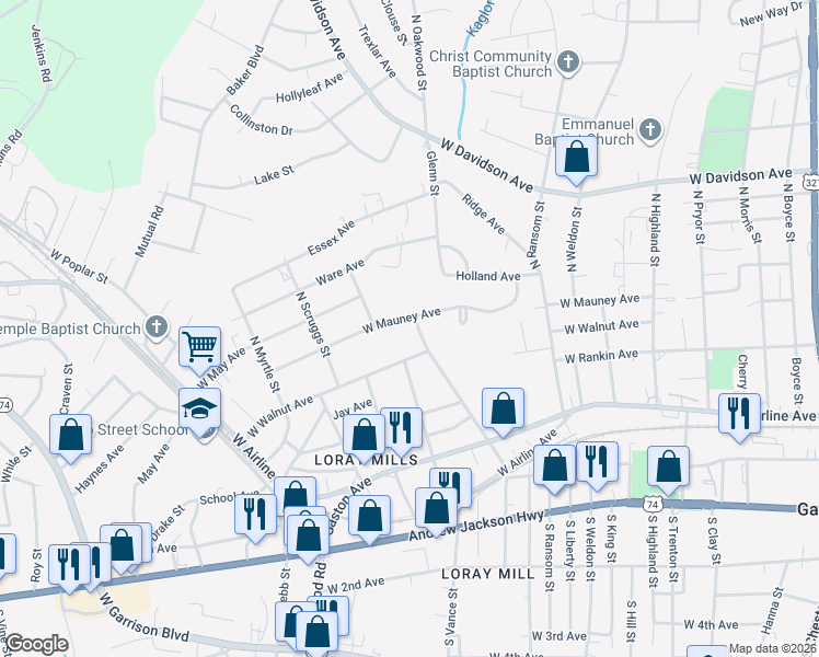 map of restaurants, bars, coffee shops, grocery stores, and more near 507 North Firestone Street in Gastonia