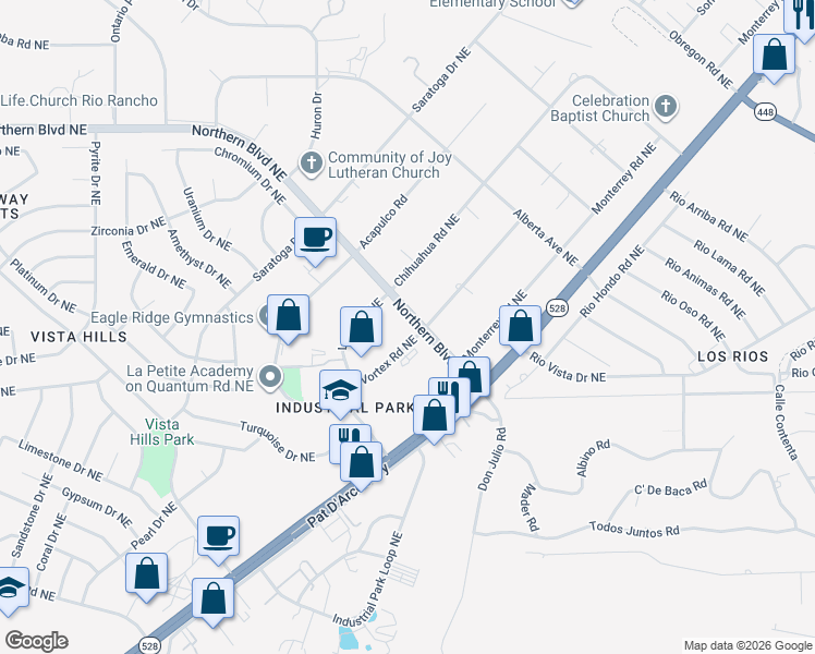 map of restaurants, bars, coffee shops, grocery stores, and more near 601 Sonora Road Northeast in Rio Rancho