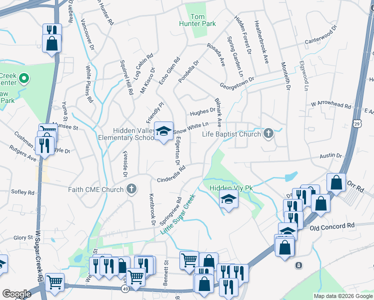 map of restaurants, bars, coffee shops, grocery stores, and more near 731 Pondella Drive in Charlotte