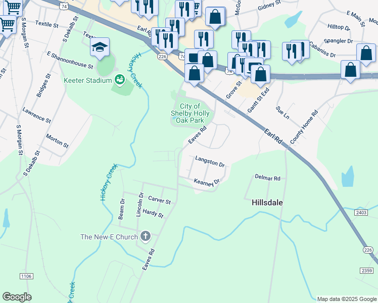 map of restaurants, bars, coffee shops, grocery stores, and more near 903 Langston Dr in Shelby