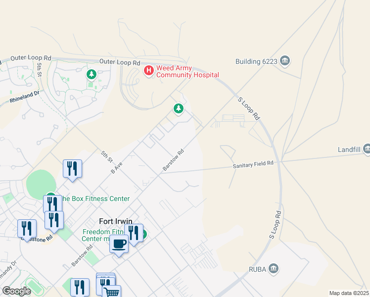 map of restaurants, bars, coffee shops, grocery stores, and more near in Fort Irwin
