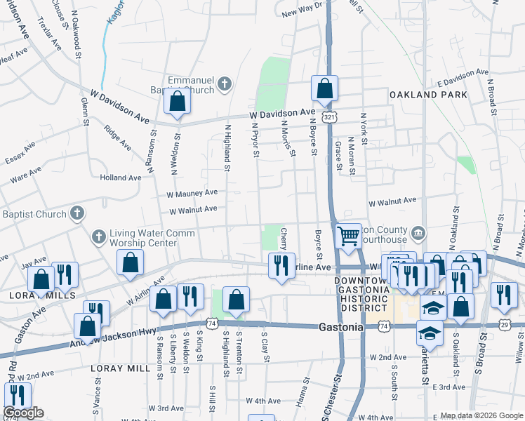 map of restaurants, bars, coffee shops, grocery stores, and more near 310 North Pryor Street in Gastonia