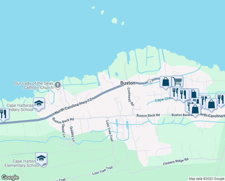 map of restaurants, bars, coffee shops, grocery stores, and more near 48045 North Carolina 12 in Buxton