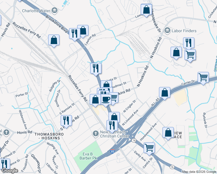 map of restaurants, bars, coffee shops, grocery stores, and more near 207 North Cloudman Street in Charlotte