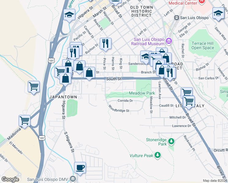 map of restaurants, bars, coffee shops, grocery stores, and more near 2221 King Court in San Luis Obispo