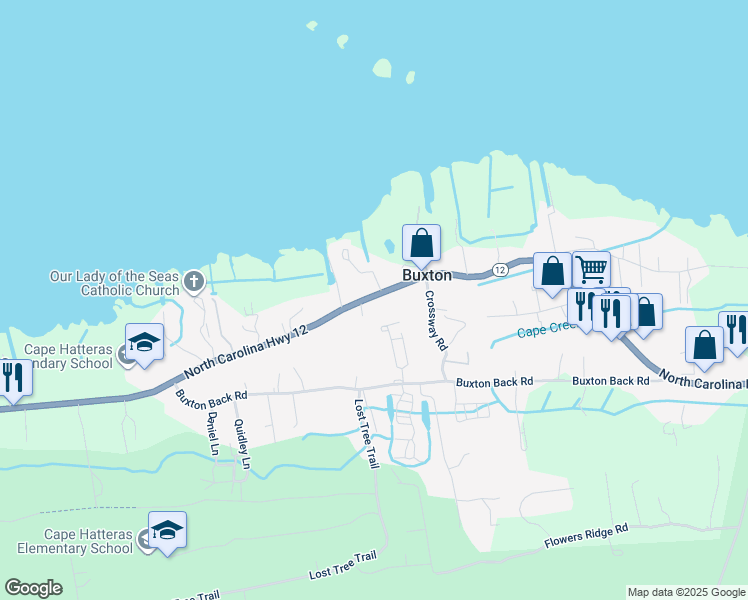map of restaurants, bars, coffee shops, grocery stores, and more near 48045 North Carolina 12 in Buxton